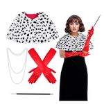 4 Pack Halloween Dalmatian Costume Women, Black and White Shawl Scarf, Red Glove,Faux Pearls Necklace for Adult Accessories