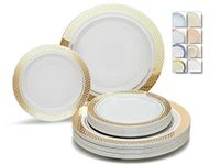 OCCASIONS 50 Plates Pack (25 Guests)-Heavyweight Wedding Party Disposable Plastic Plate Set -25 x 10.5 inch Dinner + 25 x 7.5 inch Salad/Dessert plates (Celebration White & Gold)