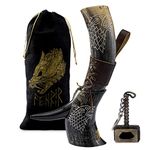 FENRIR Viking Drinking Real Horn with Leather Brown Holster Opener Wolf for Ale Mead Beer Cold Drink Norse Horn Natural Shine (Size 15-18 Oz)