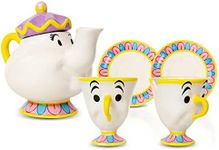 Ukonic Disney Beauty and the Beast Sculpted Mrs. Potts Teapot With 2 Chip Cups and Saucers Replica | Tea Party Set For Coffee, Espresso