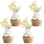 UXYOKM 24Pcs Oh Baby Cupcake Toppers with Bow Gold Glitter Baby Shower Cupcake Picks Kids Birthday Party Decorations Supplies - Blue