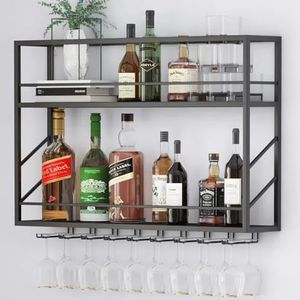ZAOBAS Wall Mounted Wine Rack 2 Tier, Bottle & Glass Holder Metal Wine Rack, Wine Bottles Display Wall Storage for Home Bar Dining Room Kitchen(47.2”W x 7.8”D x 26”H)