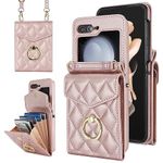 XIMAND for Samsung Galaxy Z Flip 6 Wallet Phone Case with Ring and Adjustable Crossbody Strap, Stylish and Muti-funtional Accordion Style Flip Case with 4 Card Slots .（Rosegold）