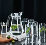 Red-Rubby Premium Water and Juice Glasses Set of 6 and Borosilicate Glass Jug Set Combo,(6 PC Glasses 300ML and 1 Water Jug 1.8 Liter), Transparent, Glass and Jug Set for Dining Table