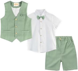 LOLANTA Boys Linen Suit 4 Piece Summer Gentleman Outfit Kids Dress Vest Shirt Shorts Set for Wedding Graduation(Green,5)