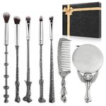 [7 PCS] Harry Makeup Brush Gift Set, With Silver Mirror, Comb, Handle Wizard Wand for Foundation Blush, Eyeshadow, Face Concealer, Eyeliner Contour, Powder Liquid Eye, Harry Gift for Girls Women