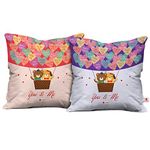 Indigifts You and Me Teddy Bear Couple Love Printed Micro Satin and Fiber Filled Cushion (Pink, Blue) -Set of 2