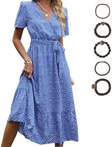 Lian Midi Dresses for Women, Floral Maxi Dress V Neck Short Puff Sleeve Maxi Dress Blue Ruched Women's Casual Dresses Blue Floral Print Ruffle Fall Dresses for Women Fall Dresses a Line Dress Size S