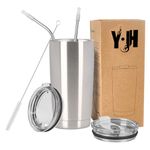 Y·J&H 20oz (550ml) Travel Tumbler Double Wall Vacuum Insulated Coffee Mug Stainless Steel Coffee Cup with 2 Splash Proof Lid, 2 Straws & Free Cleaning Brush, BPA Free - Silver