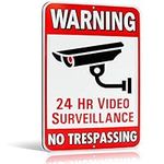 Warning 24 Hour Video Surveillance No Trespassing Metal Sign - Heavy Duty Aluminum - Security Camera Warning, 1/8" Thick Di-Bond Metal, 10" by 15" (Aluminum)