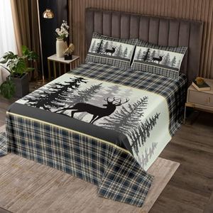 Deer Wildlife Quilt Bedding Set Queen Size,Deer Antler Pine Hunting Lodge Decor Bedspread Coverlet for Girls Teens,Animals Rustic Farmhouse Grid Plaid Soft Polyester Quilt Set, All Season