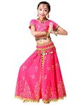 Grouptap Bollywood girls saree anarkali designer lehenga choli indian kids gold embroidery party dance dress pink lengha costume (Pink, 130-150 cm)