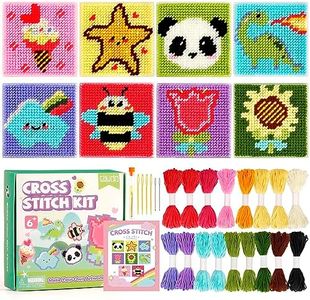 Caydo 8-in-1 Cross Stitch Kit for Beginners Kids, Includes 8 PCS Plastic Canvas with Pre-Patterns, 13 Colors Threads, Instructions, Embroidery Needles for Beginners Sewing