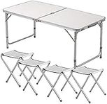 1ABOVE Multipurpose Table Set with 4 Chair, Outdoor Indoor Use for BBQ| Picnic| Garden| Office Parties Set In White Foldable Portable Design-4FT