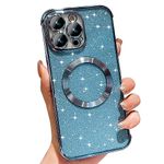 Wirvyuer for iPhone 13 Pro Max Case Compatible with MagSafe, Cute Glitter Shockproof Magnetic Phone Case with Wireless Charging Support and Protection, Blue