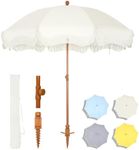 MFSTUDIO 7ft Patio Beach Umbrella with Fringe, Tassel Umbrellas UPF50+ with Sand Anchor & Tilt Button, Holiday Outdoor Umbrella with Carry Bag, Ideal for Garden Lawn Poolside, Off-white