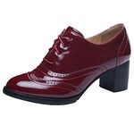 Lizoleor Women Office Lace Up Classic Block Heels Patent Dress Brogue Pumps Closed Toe Formal Work Mid Heel Retro Oxford Shoes Claret Size 6 UK/40