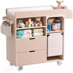 Baby Changing Table Dresser with Waterproof Pad, Drawers & Hamper, Beige
