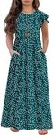 HOSIKA Girls Floral Maxi Dress Boho Ruffle Sleeve Pleated Casual A-line Swing Dresses with Pockets 6-12 Years, Z01 Dark Green-dots, 8 Years