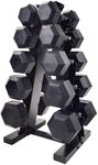 PRISP Hex Dumbbells Weight Sets - Cast Iron Hand Weights with Rubber Grip and Vertical Dumbbell Rack; for Home Gym, Exercise and Fitness