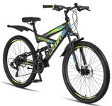 Licorne Bike Strong D Black & Lime 26inch Wheels Mountain Bike – Bicycle for Men & Boys, 21 Gear Speed, Full Suspension, Front & Rear disc plates 