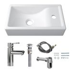 MEJE 41x23 cm Wall Hung Basin Sink Combo, Small Cloakroom Basin, Rectangle Ceramic Bathroom Wash Basin - Right Hand Sink Set (Include Faucet & Pop-up Drain)