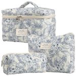 3 Pcs Travel Cosmetic Bag Set Floral Toiletry Bag Cute Cotton Makeup Bag Aesthetic Cosmetic Bag Quilted Makeup Bag Large Travel Floral Makeup Organizer Bag for Women and Girls (Blue Floral)