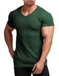 COOFANDY Men's Muscle T Shirts Stretch Short Sleeve V Neck Bodybuilding Workout Tee Shirts Ribbed Knit Shirt, Dark Grey, Medium