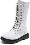 DADAWEN Boys Girls Leather Lace-Up Waterproof Side Zipper Mid Calf Combat Riding Winter Boots (Toddler/Little Kid/Big Kid) White US Size 13 M Little Kid