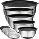 Mixing Bowls with Lids Set of 5 - Nesting Bowls with Airtight Lids and Graters - Stainless Steel Non-Slip Mixing Bowl for Baking, Food Storage and Prepping (Black)