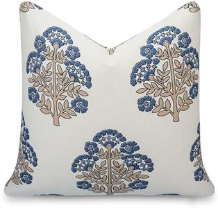Crumbs Home California Casual Coastal Indoor Outdoor Throw Pillow Cover, 20"x20" Water Repellent for Patio, Backyard, Couch, Poolside, Earth Tone Tan Azure Blue Block Print Hydrangea Flowers