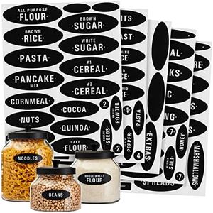 Talented Kitchen 158 Pieces Chalkboard Pantry Labels for Food Containers, Preprinted White All Caps on Black Stickers for Jars, Kitchen Canisters (Water Resistant)