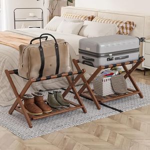 Smart FENDEE Fully Assembled Walnut Luggage Racks Set of 2, 5 Nylon Straps Folding Suitcase Stand, Bamboo Luggage Stands with Storage Shelf, Ideal for Guest Room, Bedroom, Hotel
