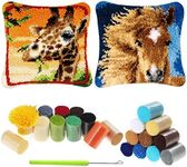 Kinsinder Latch Hook Complete Cushion Cover Kit, DIY Latch Hook Kits for Adults Carpet Cushion Crocheting Pillowcase Rug for Home Sofa Furniture（Horses and Giraffes）