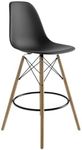 Inmod Molded Plastic Counter Stool with Wood Legs, Set of 2, Matte Black, Natural DSW Modern Counter Stools, Mid-century Molded Shell Armless Counter Stools, Matte Black / Natural