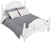 Dollhouse Furniture Queen Bed Set, Mini Bedroom Accessories for 12 inch Dolls, Grey Bedding, White Wooden Frame, 1/6 Scale