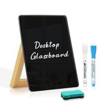 QUEENLINK Desktop Glass Dry Erase Board, 9.5" x 6.7" Small Glass Whiteboard with Adjustable Wood Stand - Reusable Black Desk Notepad Accessories for Home Office