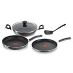 Tefal Delicia Non-Stick Cookware- Set of 4 / Kadhai, Tawa, Fry Pan, Lid & Spatula/Thermo-spot Technology / 24 cm, 26 cm, 24 cm/Suitable for Gas, Electric, Ceramic/Black / 2 Years Coverage