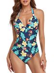 FLYILY Women's One Piece Swimsuit Sexy Halter Swimsuit Monokini Bathing Suit(1-GreenFlower,L)