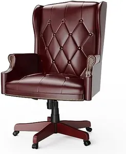 Burgundy High Back Leather Executive Office Chair, 330LBS Heavy Duty Ergonomic Design Thick Padded Seat & Backrest Reclining Comfortable Desk Chair with Wooden Base and 5 Smooth Glide Caster Wheels