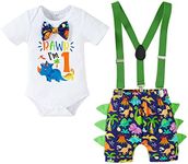 Baby Boys 1st Birthday Cake Smash Outfit Short Sleeve Bodysuit Bloomers Adjustable Y Back Suspenders Clothes Set, Green 2, 12-18 Months