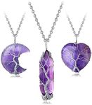 LIAN 3 Pcs Crystal Necklace Tree of Life Wire Wrapped Natural Stone Energy Crystal Pendant Gemstones Necklace Heart Moon Hexagonal Amethyst Necklace Jewelry Gifts for Women Men…