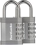 FortLocks Padlock - 4 Digit Combination Lock for Gym Outdoor & School Locker, Fence, Case & Shed – Heavy Duty Resettable Set Your Own Combo – Waterproof & Weatherproof (2 Pack - Silver)