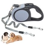 Dual Retractable Dog Leash - Walk 2 Dogs up to 110 lbs - Heavy Duty Double Headed 16 ft Extendable Dog Leash for Small Medium Dogs Walking Training Grey