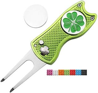 CoverMay Foldable Golf Divot Repair Tool and Golf Ball Markers Set (Green Divot Tool-Clover Marker)