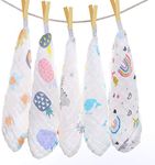 Baby Muslin Washcloths, Muslin Squares Organic 100% Cotton Natural Baby Face Towels, 5 Pack Reusable Extra Soft Newborn Baby Wipes, 6 Layers Bath Shower Wash Cloths with Printed Design, 10x 10 Inches