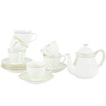 Femora Indian Ceramic Gold Line Diamond Cut White Tea Cups & Saucer Tea Kettle Set -200 ml Set of 13 (6 Cups, 6 Saucer, 1 Kettle)