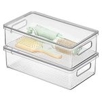 mDesign Plastic Stackable Bathroom Cabinet Storage Bin with Handles/Lid - Bin for Vanity, Countertop, Drawer Organization - Hold Soap, Towels, Accessories, Ligne Collection, 2 Pack, Clear