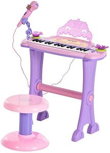 HOMCOM Set Pianola per Bambini a 32 tasti con Sgabello e Microfono, 4 Suoni di Strumenti e Registrazione, MP3 e Karaoke, Rosa