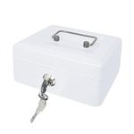 Steel Cash Box with Key Lock, Metal Small Money Organizer with Money Tray,Cash Storage Box with Lockable Cover (White-15 * 12 * 8 CM)